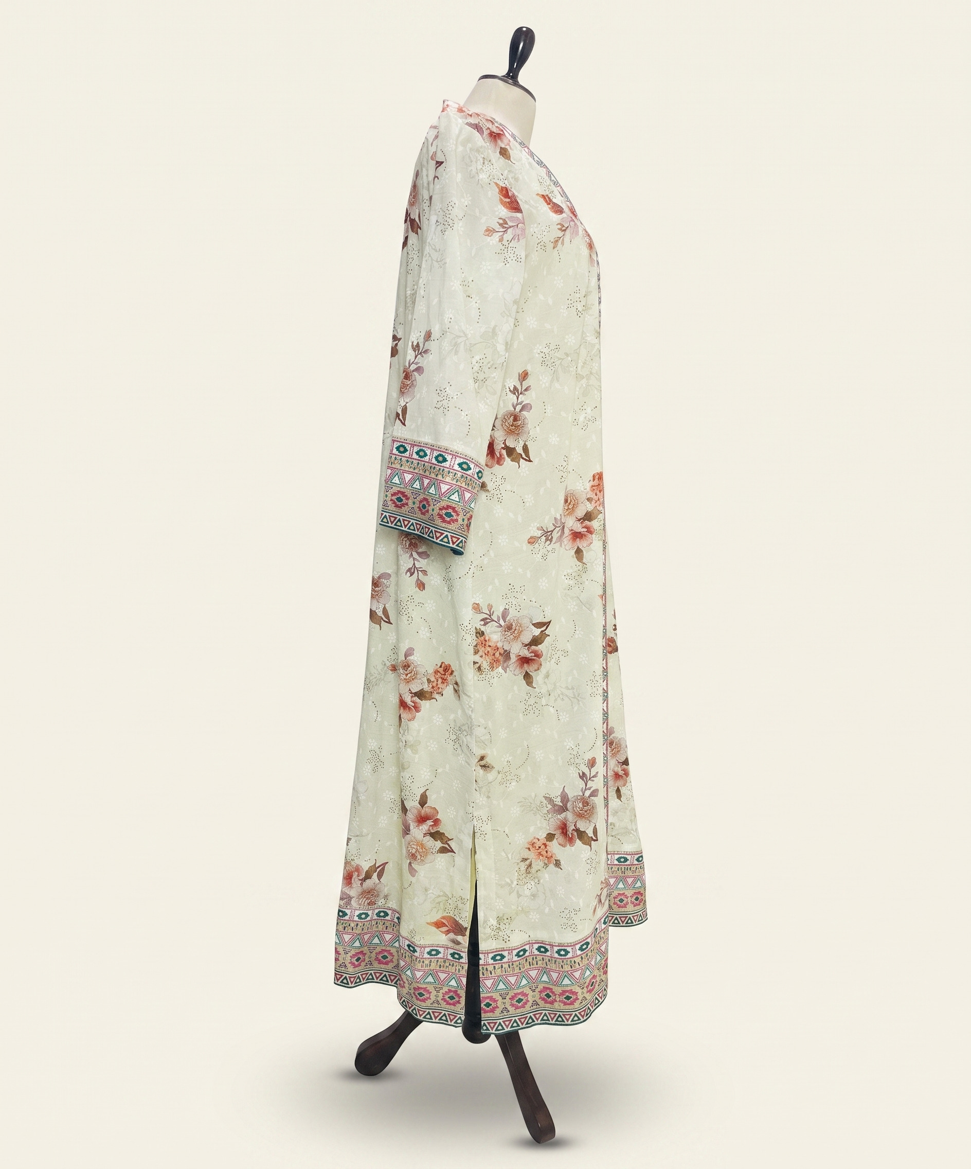 Embroidered Cotton Gown with Inner – Cream Blossom - Image 4