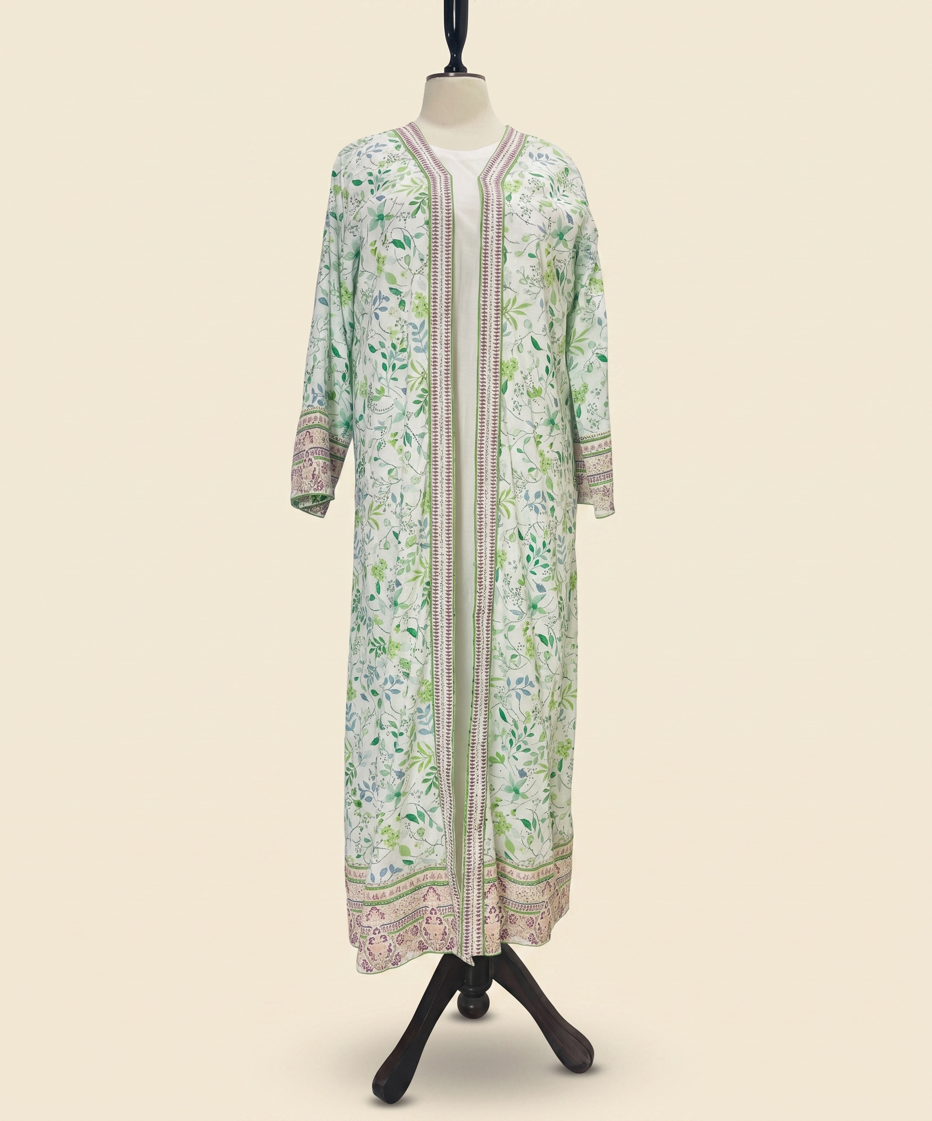 Embroidered Cotton Gown with Inner – Green Blossom - Image 3