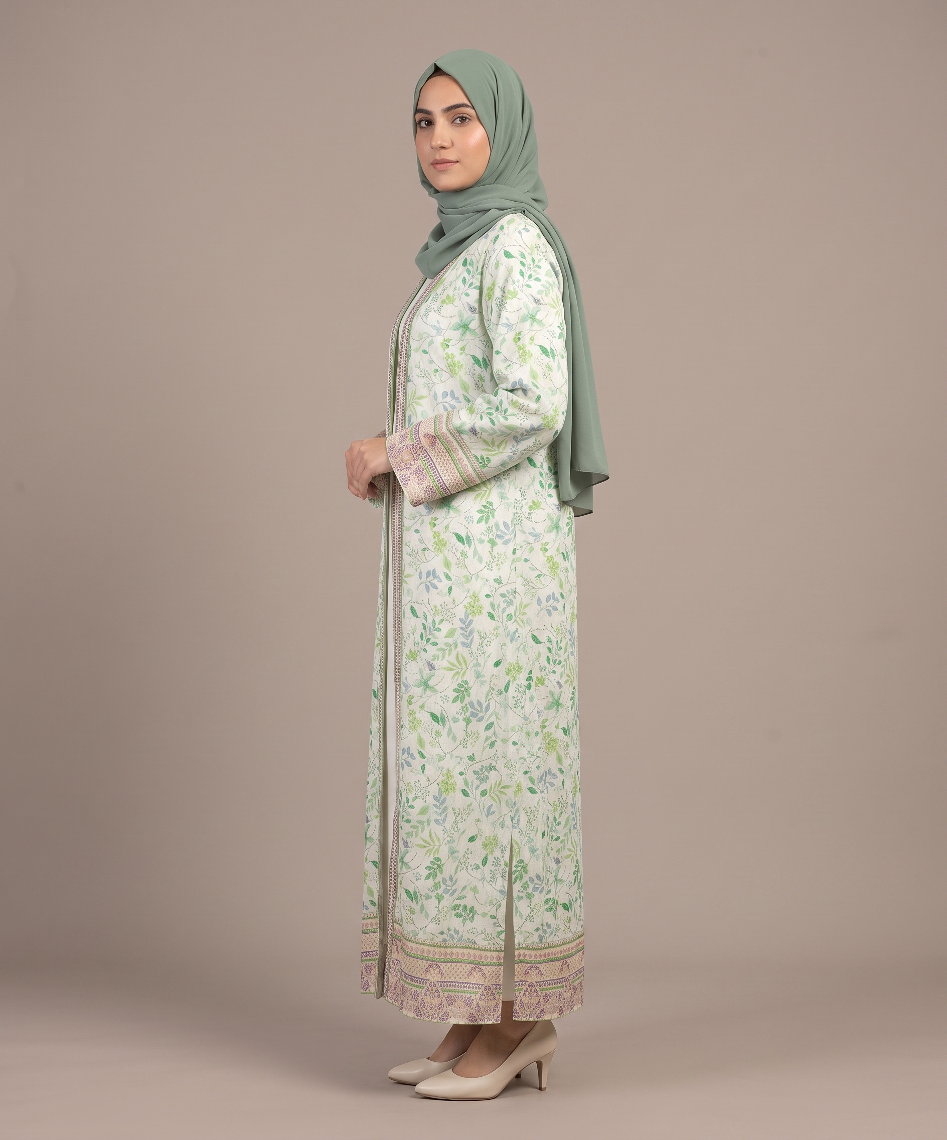 Embroidered Cotton Gown with Inner – Green Blossom - Image 2