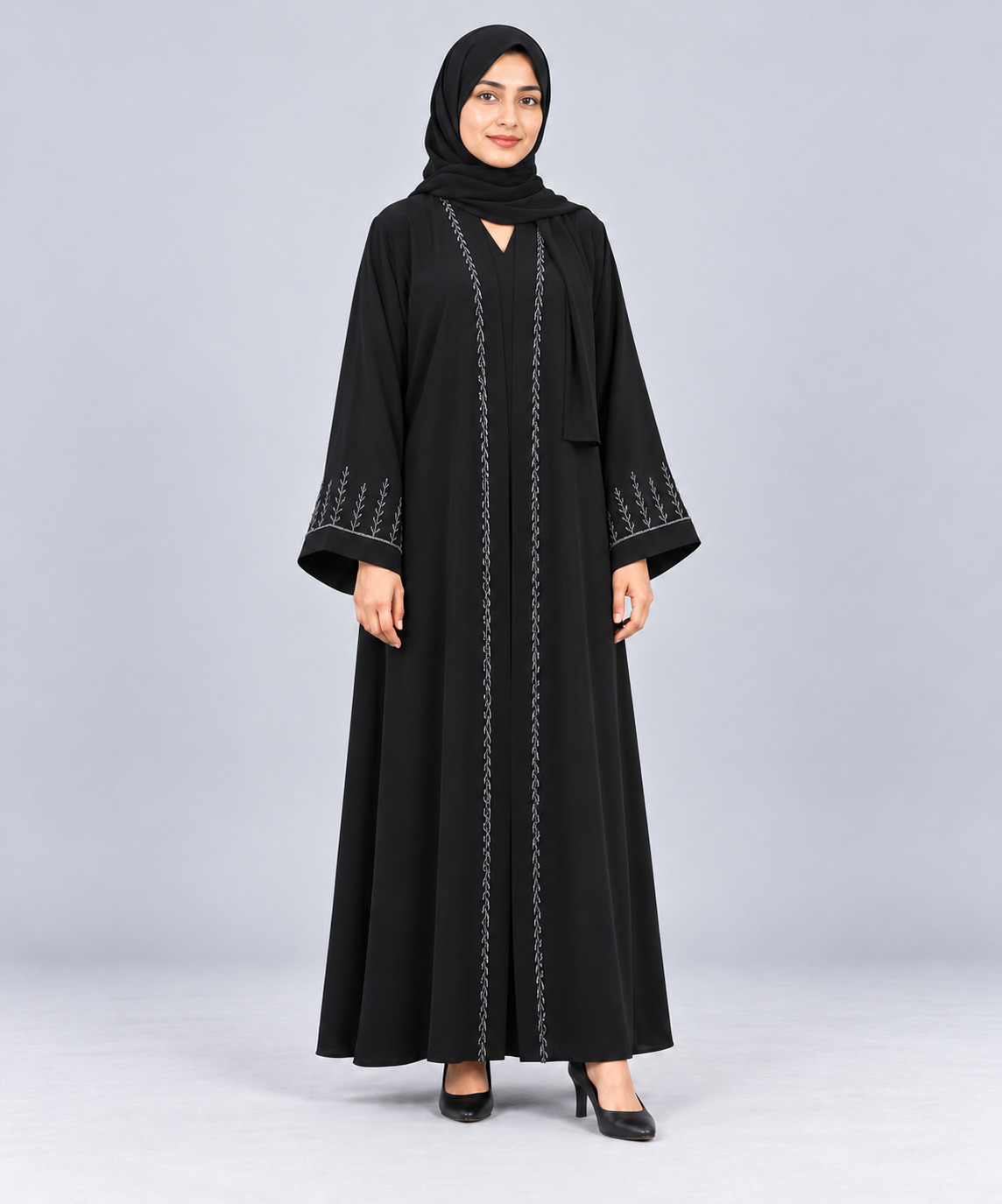 Premium Dubai Abaya with Black & Silver Cut Dana Handwork