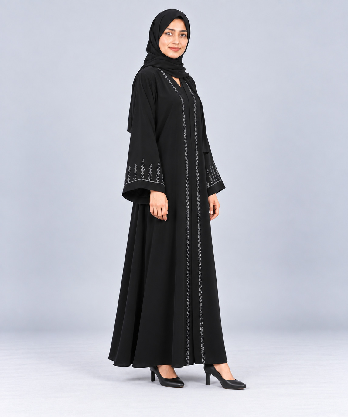 Premium Dubai Abaya with Black & Silver Cut Dana Handwork - Image 2