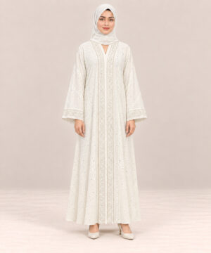 Elegant White Embroidered Front Open Abaya