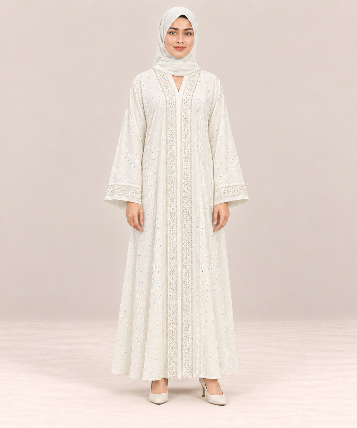 Elegant White Embroidered Front Open Abaya