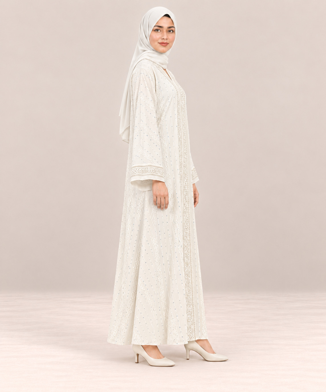 Elegant White Embroidered Front Open Abaya - Image 2